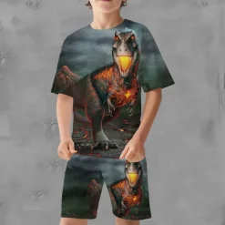 2 Pieces Kids Boys T-shirt & Shorts Clothing Set Outfit Graphic Dinosaur Short Sleeve Crewneck Set Outdoor Sports Fashion Cool Spring 7-13 Years Blue Dusty Blue Green