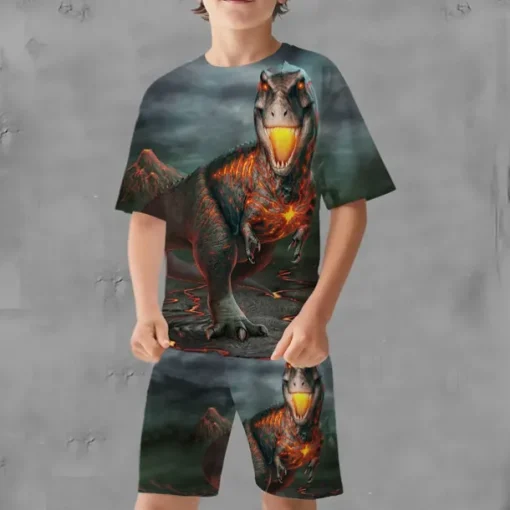2 Pieces Kids Boys T-shirt & Shorts Clothing Set Outfit Graphic Dinosaur Short Sleeve Crewneck Set Outdoor Sports Fashion Cool Spring 7-13 Years Blue Dusty Blue Green