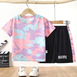 2 Pieces Kids Boys T-shirt & Shorts Outfit Rabbit Camo Letter Short Sleeve Set Outdoor Vacation Sports Cool Summer Spring 7-13 Years Pink Blue Sky Blue