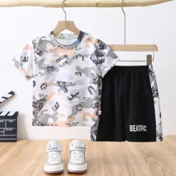 2 Pieces Kids Boys T-shirt & Shorts Outfit Rabbit Camo Letter Short Sleeve Set Outdoor Vacation Sports Cool Summer Spring 7-13 Years Pink Blue Sky Blue
