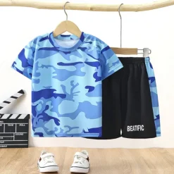 2 Pieces Kids Boys T-shirt & Shorts Outfit Rabbit Camo Letter Short Sleeve Set Outdoor Vacation Sports Cool Summer Spring 7-13 Years Pink Blue Sky Blue