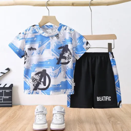 2 Pieces Kids Boys T-shirt & Shorts Outfit Rabbit Camo Letter Short Sleeve Set Outdoor Vacation Sports Cool Summer Spring 7-13 Years Pink Blue Sky Blue