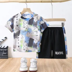 2 Pieces Kids Boys T-shirt & Shorts Outfit Rabbit Camo Letter Short Sleeve Set Outdoor Vacation Sports Cool Summer Spring 7-13 Years Pink Blue Sky Blue