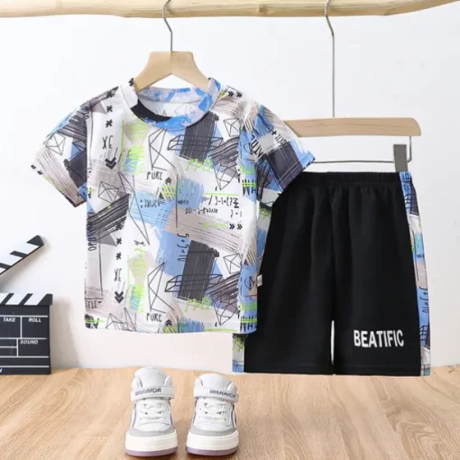 2 Pieces Kids Boys T-shirt & Shorts Outfit Rabbit Camo Letter Short Sleeve Set Outdoor Vacation Sports Cool Summer Spring 7-13 Years Pink Blue Sky Blue