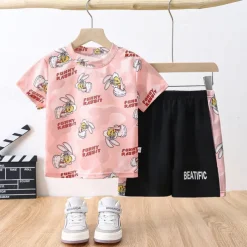 2 Pieces Kids Boys T-shirt & Shorts Outfit Rabbit Camo Letter Short Sleeve Set Outdoor Vacation Sports Cool Summer Spring 7-13 Years Pink Blue Sky Blue