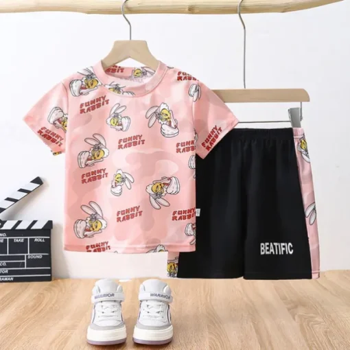 2 Pieces Kids Boys T-shirt & Shorts Outfit Rabbit Camo Letter Short Sleeve Set Outdoor Vacation Sports Cool Summer Spring 7-13 Years Pink Blue Sky Blue