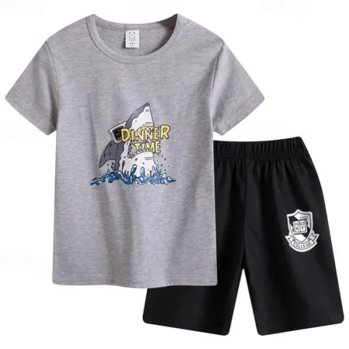 2 Pieces Kids Boys T-shirt & Shorts Outfit Cartoon Short Sleeve Cotton Set Casual Cool Summer Spring 4 years+ Black White Yellow