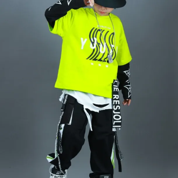 2 Pieces Kids Boys T-shirt & Pants Clothing Set Outfit Letter Long Sleeve Patchwork Cotton Set Outdoor Fashion Cool Winter Fall 7-13 Years Green