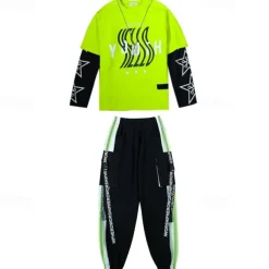 2 Pieces Kids Boys T-shirt & Pants Clothing Set Outfit Letter Long Sleeve Patchwork Cotton Set Outdoor Fashion Cool Winter Fall 7-13 Years Green