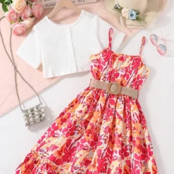 2 Pieces Kids Girls' Cartoon Dress Suits Set Short Sleeve Daily School 7-13 Years Summer Red