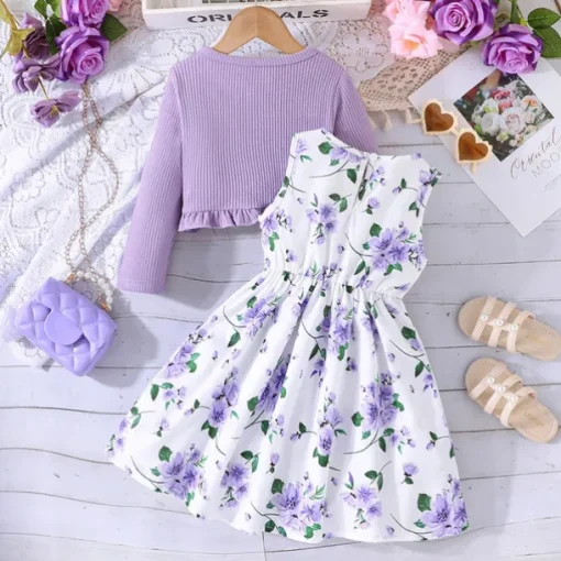 2 Pieces Kids Girls' Floral Tie Knot Dress Suits Set Long Sleeve Fashion School 4 years+ Summer Pink Red Blue