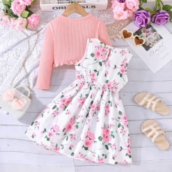 2 Pieces Kids Girls' Floral Tie Knot Dress Suits Set Long Sleeve Fashion School 4 years+ Summer Pink Red Blue