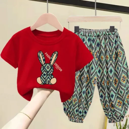 2 Pieces Kids Girls' Geometric Pants Suit Set Short Sleeve Fashion Outdoor Cotton 3-7 Years Summer Black White Yellow