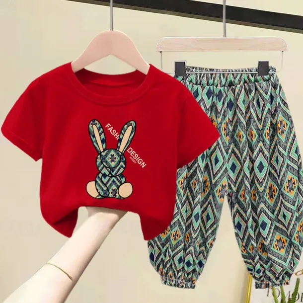 2 Pieces Kids Girls' Geometric Pants Suit Set Short Sleeve Fashion Outdoor Cotton 3-7 Years Summer Black White Yellow