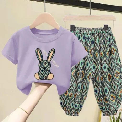 2 Pieces Kids Girls' Geometric Pants Suit Set Short Sleeve Fashion Outdoor Cotton 3-7 Years Summer Black White Yellow