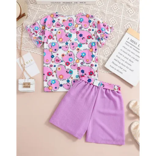 2 Pieces Kids Girls' Graphic Crewneck Shirt & Shorts Set Short Sleeve Fashion School 7-13 Years Summer Purple