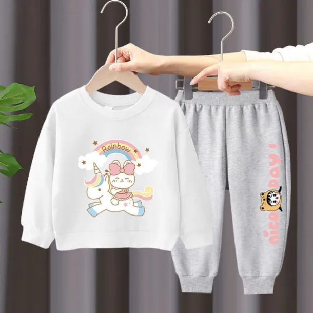 2 Pieces Kids Girls' Rainbow Crewneck Hoodie & Sweatpants Set Set Long Sleeve Active Outdoor Cotton 3-7 Years Spring Black unicorn sweater + nice black pants Black unicorn sweater + nice gray pants