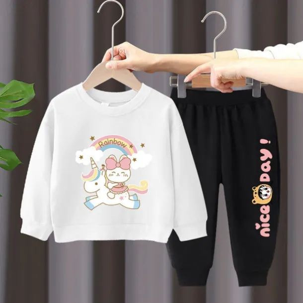 2 Pieces Kids Girls' Rainbow Crewneck Hoodie & Sweatpants Set Set Long Sleeve Active Outdoor Cotton 3-7 Years Spring Black unicorn sweater + nice black pants Black unicorn sweater + nice gray pants