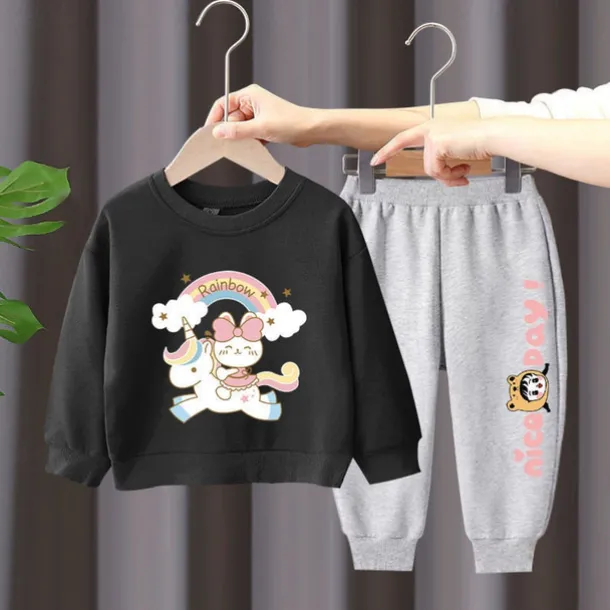 2 Pieces Kids Girls' Rainbow Crewneck Hoodie & Sweatpants Set Set Long Sleeve Active Outdoor Cotton 3-7 Years Spring Black unicorn sweater + nice black pants Black unicorn sweater + nice gray pants