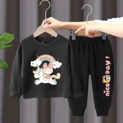 2 Pieces Kids Girls' Rainbow Crewneck Hoodie & Sweatpants Set Set Long Sleeve Active Outdoor Cotton 3-7 Years Spring Black unicorn sweater + nice black pants Black unicorn sweater + nice gray pants