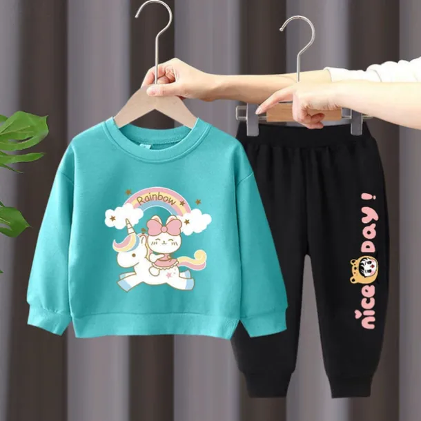 2 Pieces Kids Girls' Rainbow Crewneck Hoodie & Sweatpants Set Set Long Sleeve Active Outdoor Cotton 3-7 Years Spring Black unicorn sweater + nice black pants Black unicorn sweater + nice gray pants