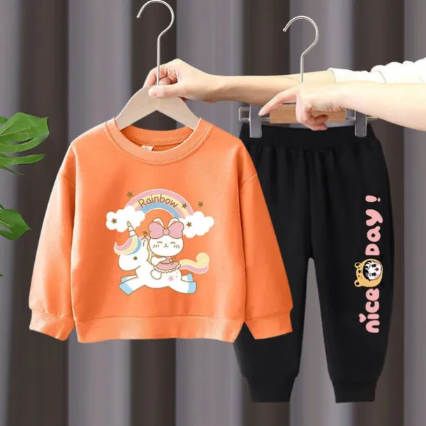 2 Pieces Kids Girls' Rainbow Crewneck Hoodie & Sweatpants Set Set Long Sleeve Active Outdoor Cotton 3-7 Years Spring Black unicorn sweater + nice black pants Black unicorn sweater + nice gray pants