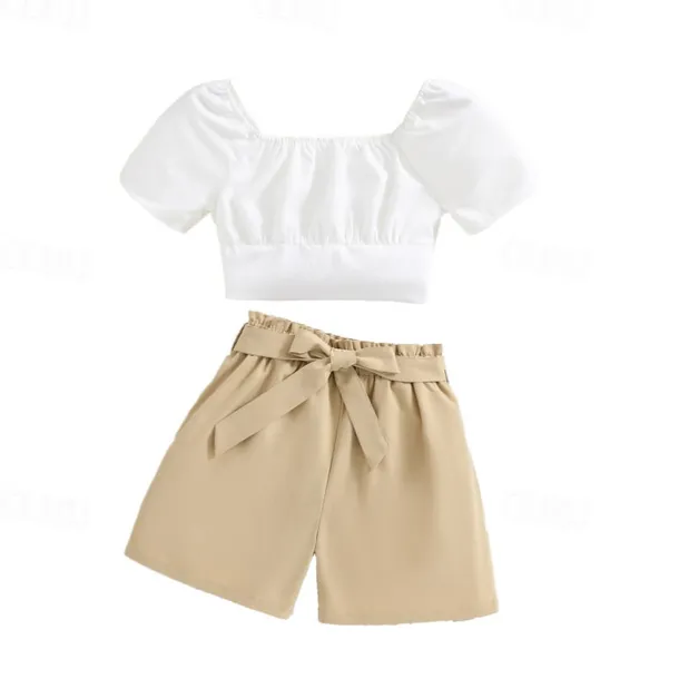 2 Pieces Kids Girls' Solid Color Shorts Suit Set Short Sleeve Fashion Outdoor 3-7 Years Summer White