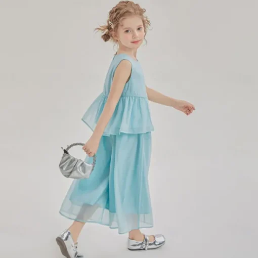 2 Pieces Kids Girls' Solid Color Pants Suit Set Sleeveless Fashion Outdoor 3-7 Years Summer Blue