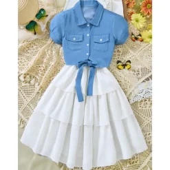 2 Pieces Kids Girls' Solid Color Dress Suits Set Sleeveless Fashion School 7-13 Years Summer White