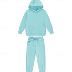 2 Pieces Kids Girls' Solid Color Pocket Hoodie & Sweatpants Set Set Long Sleeve Active School 7-13 Years Fall Light Blue fluorescent green Black