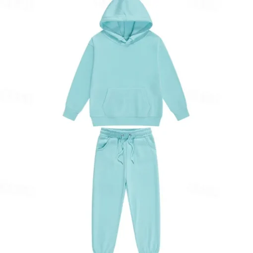 2 Pieces Kids Girls' Solid Color Pocket Hoodie & Sweatpants Set Set Long Sleeve Active School 7-13 Years Fall Light Blue fluorescent green Black
