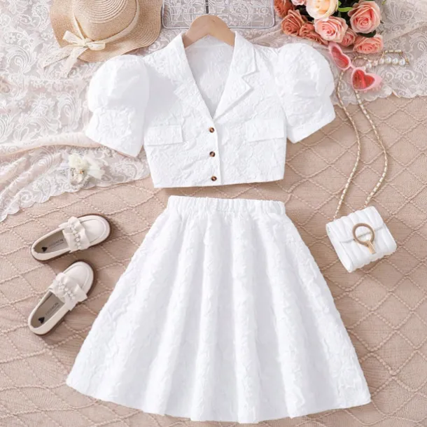 2 Pieces Kids Girls' Solid Color Ruched Dress Suits Set Short Sleeve Fashion School 7-13 Years Summer White