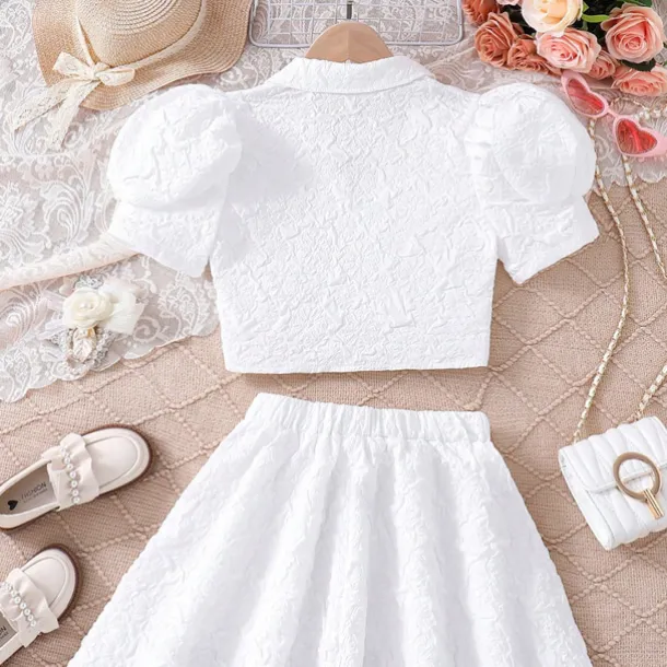 2 Pieces Kids Girls' Solid Color Ruched Dress Suits Set Short Sleeve Fashion School 7-13 Years Summer White