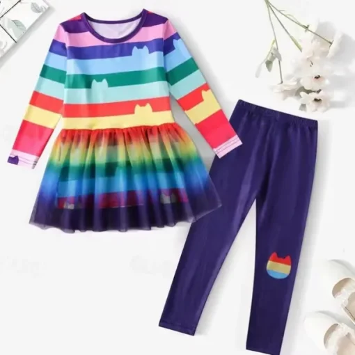 3 Pieces Kids Girls' Stripe Pants Suit Set Long Sleeve Fashion Outdoor 4 years+ Summer Rainbow Set Rainbow Set+Hairband Black White Set+Hairband