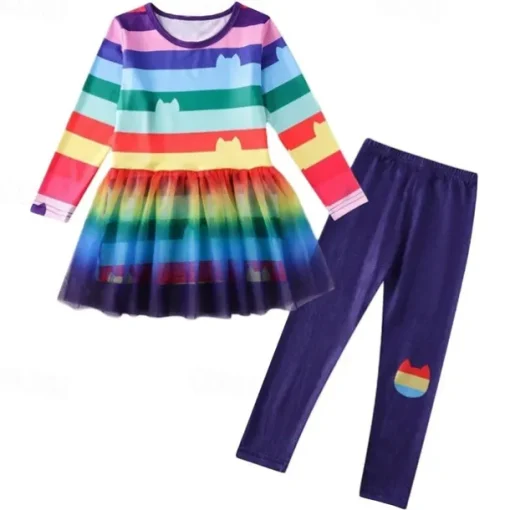 3 Pieces Kids Girls' Stripe Pants Suit Set Long Sleeve Fashion Outdoor 4 years+ Summer Rainbow Set Rainbow Set+Hairband Black White Set+Hairband