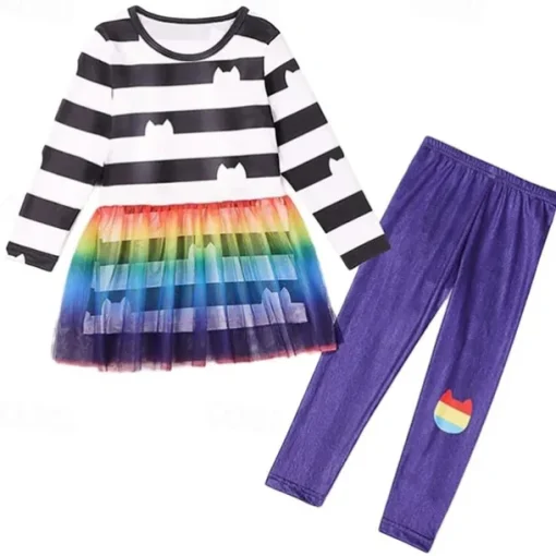 3 Pieces Kids Girls' Stripe Pants Suit Set Long Sleeve Fashion Outdoor 4 years+ Summer Rainbow Set Rainbow Set+Hairband Black White Set+Hairband