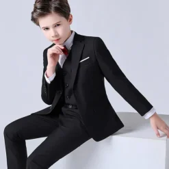 4 Pieces Ring Bearer Suit Boys Kids Suit & Blazer Blazer & Vest & Pants & Shirt & Tie Formal Set Clothing Set Party Special Occasion Birthday Fashion Gentle Solid Color Black Dusty Blue Spandex