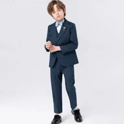 5 Pieces Ring Bearer Suit Boys Kids Suit Formal Suit Blazer & Vest & Pants & Brooch & Tie Formal Party Valentines Fashion Cool Solid Color Pocket Navy Blue Light Blue Polyester