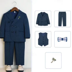 5 Pieces Ring Bearer Suit Boys Kids Suit Formal Suit Blazer & Vest & Pants & Brooch & Tie Formal Party Valentines Fashion Cool Solid Color Pocket Navy Blue Light Blue Polyester