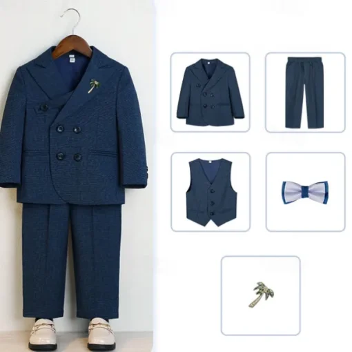 5 Pieces Ring Bearer Suit Boys Kids Suit Formal Suit Blazer & Vest & Pants & Brooch & Tie Formal Party Valentines Fashion Cool Solid Color Pocket Navy Blue Light Blue Polyester