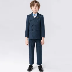 5 Pieces Ring Bearer Suit Boys Kids Suit Formal Suit Blazer & Vest & Pants & Brooch & Tie Formal Party Valentines Fashion Cool Solid Color Pocket Navy Blue Light Blue Polyester