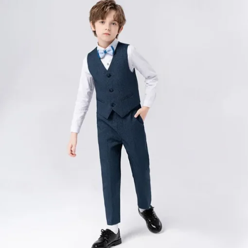5 Pieces Ring Bearer Suit Boys Kids Suit Formal Suit Blazer & Vest & Pants & Brooch & Tie Formal Party Valentines Fashion Cool Solid Color Pocket Navy Blue Light Blue Polyester