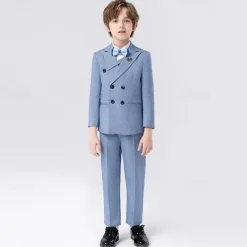 5 Pieces Ring Bearer Suit Boys Kids Suit Formal Suit Blazer & Vest & Pants & Brooch & Tie Formal Party Valentines Fashion Cool Solid Color Pocket Navy Blue Light Blue Polyester