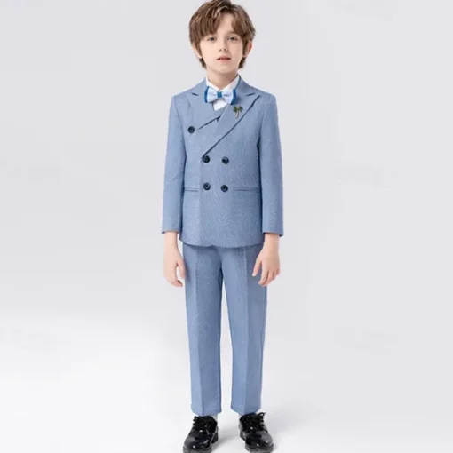 5 Pieces Ring Bearer Suit Boys Kids Suit Formal Suit Blazer & Vest & Pants & Brooch & Tie Formal Party Valentines Fashion Cool Solid Color Pocket Navy Blue Light Blue Polyester