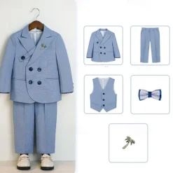 5 Pieces Ring Bearer Suit Boys Kids Suit Formal Suit Blazer & Vest & Pants & Brooch & Tie Formal Party Valentines Fashion Cool Solid Color Pocket Navy Blue Light Blue Polyester