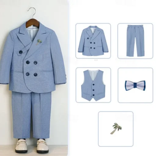 5 Pieces Ring Bearer Suit Boys Kids Suit Formal Suit Blazer & Vest & Pants & Brooch & Tie Formal Party Valentines Fashion Cool Solid Color Pocket Navy Blue Light Blue Polyester
