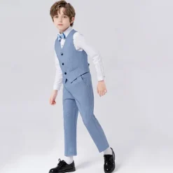 5 Pieces Ring Bearer Suit Boys Kids Suit Formal Suit Blazer & Vest & Pants & Brooch & Tie Formal Party Valentines Fashion Cool Solid Color Pocket Navy Blue Light Blue Polyester