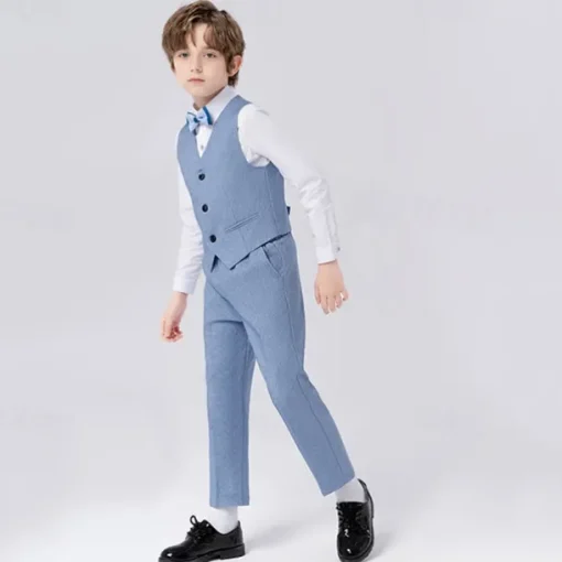 5 Pieces Ring Bearer Suit Boys Kids Suit Formal Suit Blazer & Vest & Pants & Brooch & Tie Formal Party Valentines Fashion Cool Solid Color Pocket Navy Blue Light Blue Polyester