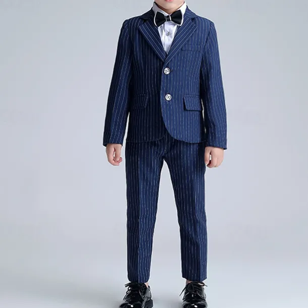 3 Pieces Ring Bearer Suit Boys Kids Suit Formal Suit Suit & Blazer Formal Set Formal Party Fashion Cool Stripe Pocket Black Navy Blue Polyester