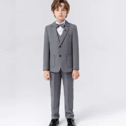 5 Pieces Ring Bearer Suit Boys Kids Suit Formal Suit Blazer & Vest & Pants & Brooch & Tie Formal Party Fashion Cool Solid Color Pocket Blue Beige Gray Polyester